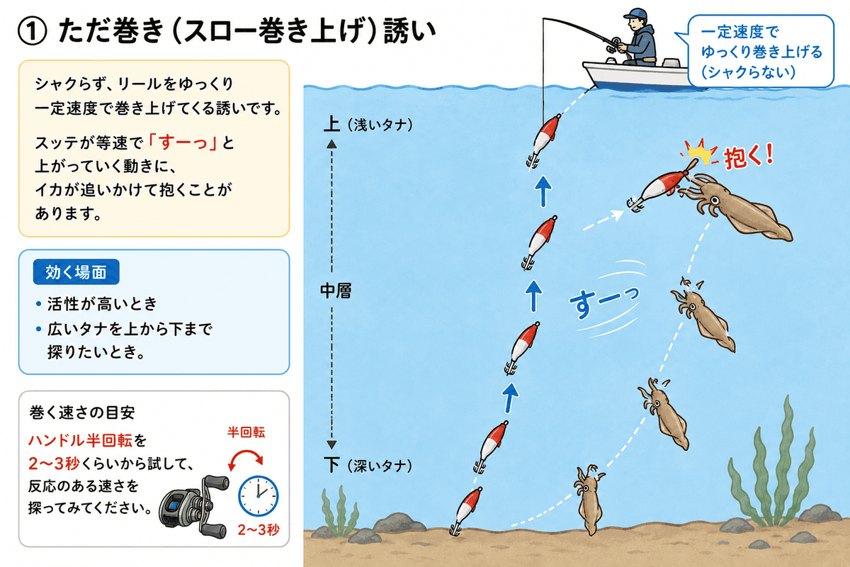 ただ巻き(スロー巻き上げ)誘いの図解
