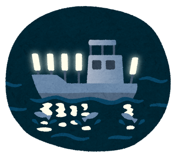 集魚灯を灯した夜の漁船のイラスト