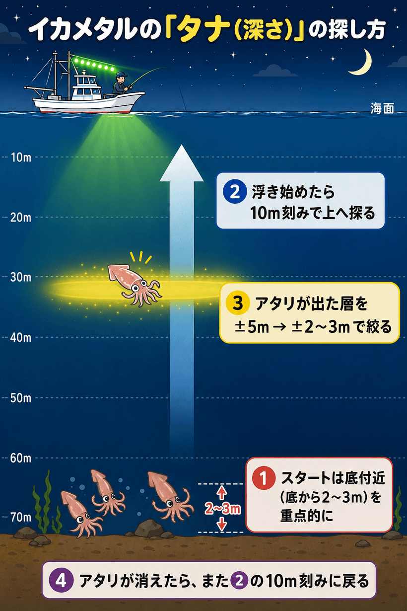イカメタルのタナ（深さ）の探し方の図解
