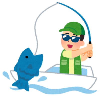 船からキャストして釣りをする人のイラスト
