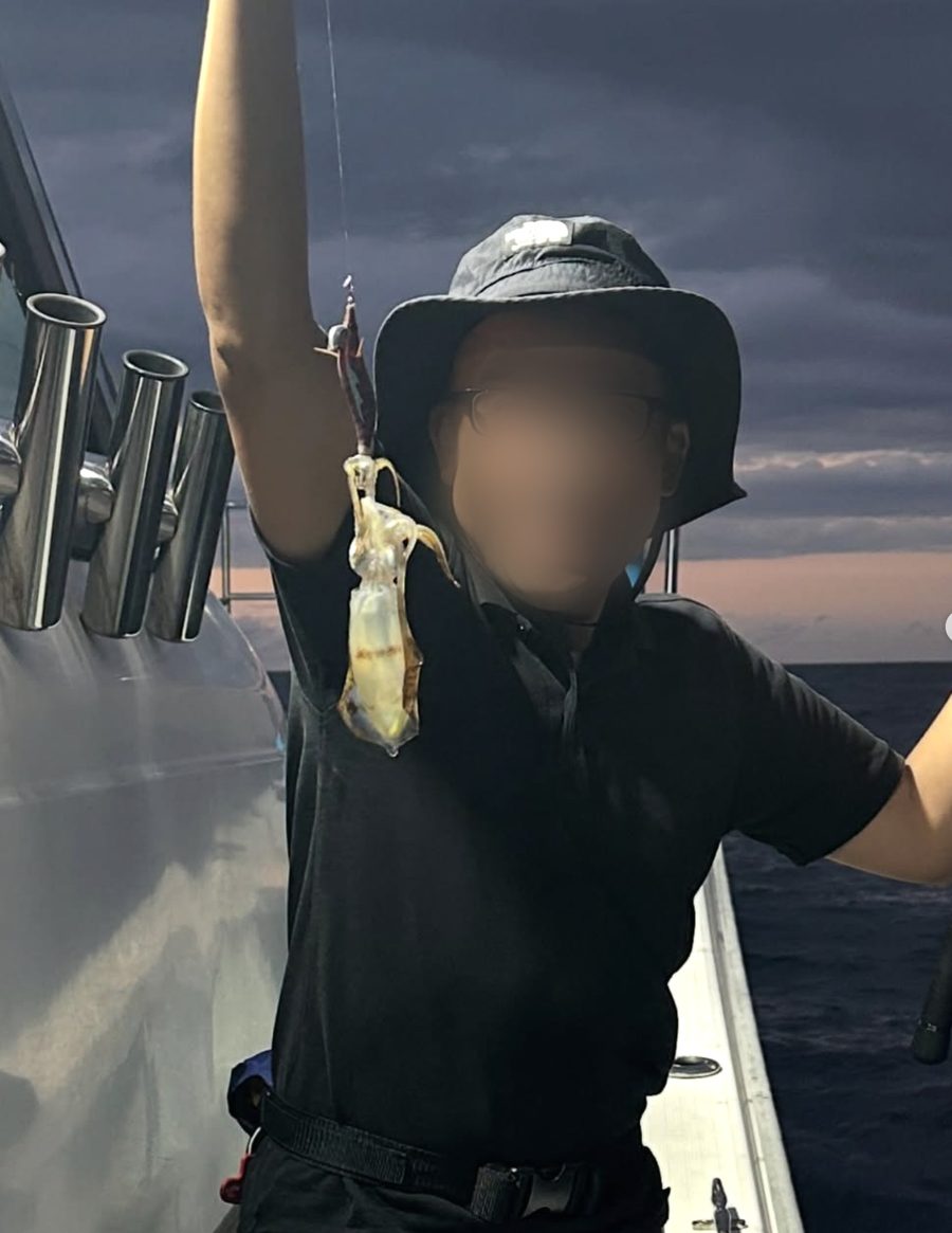 夕暮れの空の下で釣れたアオリイカ