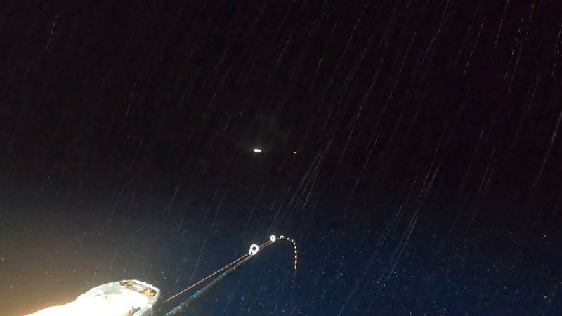 雨の中、夜のイカメタルをしている様子。穂先のライトと雨筋が写っている