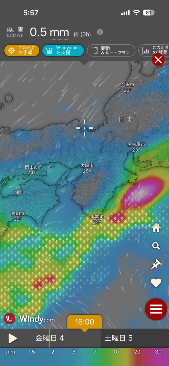 Windyの雨・雷レイヤー。雷マークが表示されている画面